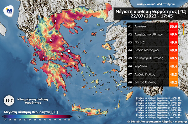 Καύσωνας: Στους 50 °C η μέγιστη αισθητή θερμοκρασία στο Αιτωλικό - Τι κατέγραψαν μετεωρολογικοί σταθμοί