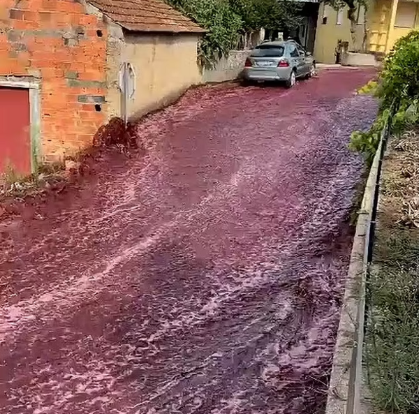 Η στιγμή που εκατομμύρια λίτρα κόκκινου κρασιού κατακλύζουν τους δρόμους ενός χωριού