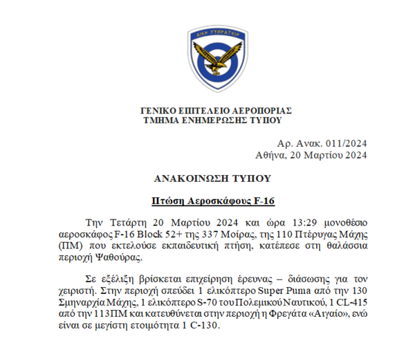 Μαχητικό F-16 από τη Λάρισα κατέπεσε στο Αιγαίο - Περισυνελέγη ο πιλότος