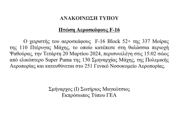 Πτώση F-16: Τα κύματα 1,5 μέτρου, η εκτίναξη του πιλότου και ο εντοπισμός από το Super Puma