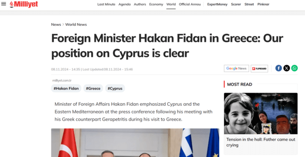 Τα τουρκικά ΜΜΕ μιλούν για «ξεκάθαρο μήνυμα Φιντάν» στην Αθήνα για την Κύπρο