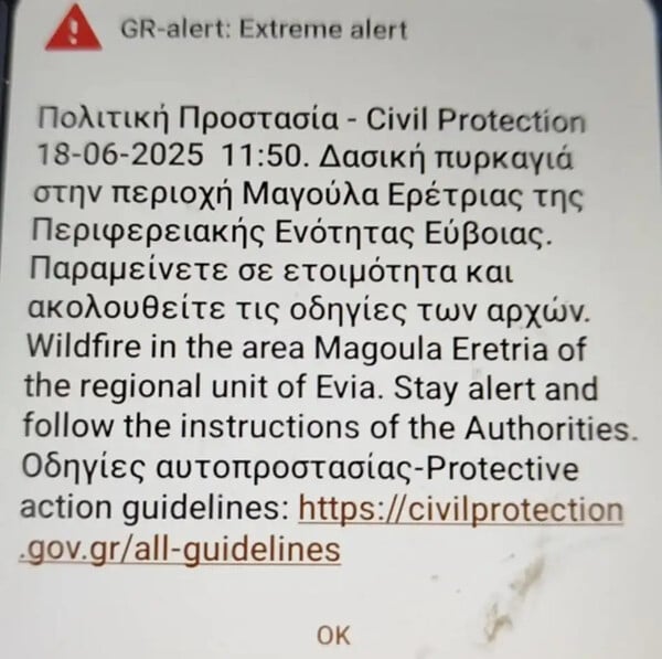 Φωτιά στην Εύβοια κοντά στην Ερέτρια – Μήνυμα 112 προς τους κατοίκους