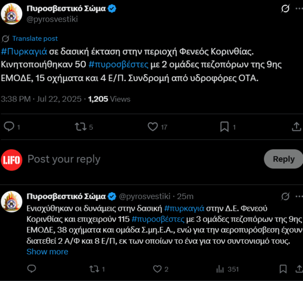 Φωτιά στον Φενεό Κορινθίας: Ενισχύονται οι δυνάμεις - Μήνυμα 112 για απομάκρυνση από την Καστανιά