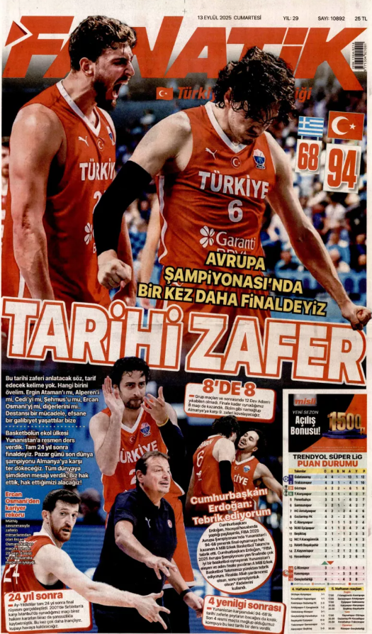 Eurobasket 2025: Τα συγχαρητήρια Ερντογάν στον Αταμάν για τη νίκη επί της Ελλάδας και τα τουρκικά ΜΜΕ