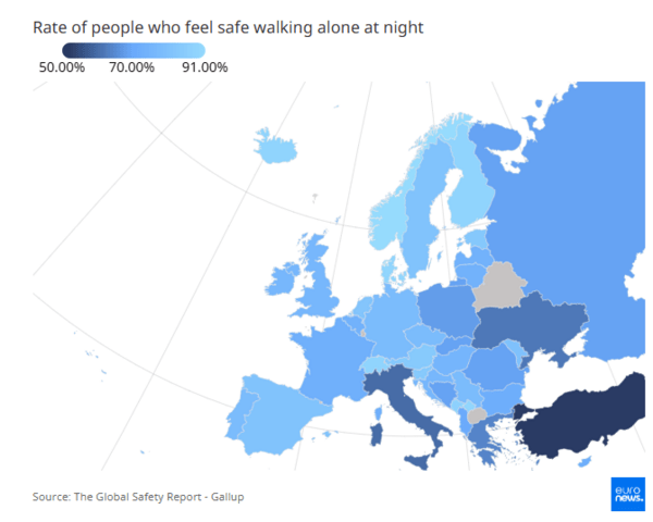 Πού στην Ευρώπη οι πολίτες νιώθουν λιγότερο ασφαλείς τη νύχτα