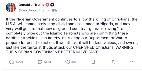 Ο Τραμπ απειλεί με στρατιωτική επέμβαση στη Νιγηρία για την προστασία των Χριστιανών