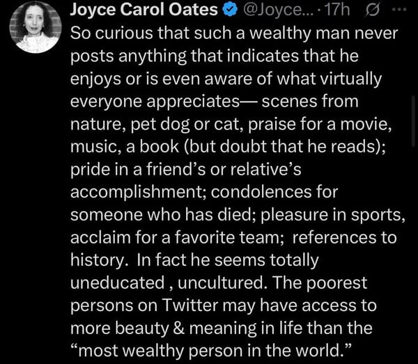 Joyce Carol Oates: Η κορυφαία Αμερικανίδα συγγραφέας αποδόμησε τον Μασκ χωρίς να τον κατονομάσει