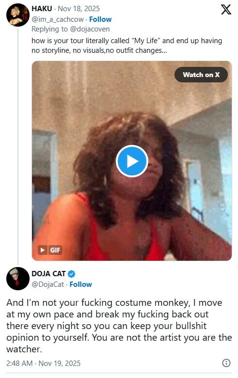 «Δεν σας έχω ανάγκη και δεν είμαι η μαϊμού σας» – Ενοχλημένη η Doja Cat με τα σχόλια των φαν για τη νέα περιοδεία της