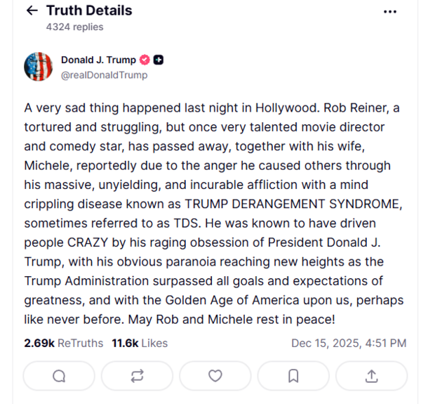 O Τραμπ αποδίδει τον θάνατο του Rob Reiner σε «σύνδρομο εμμονής με τον Τραμπ»