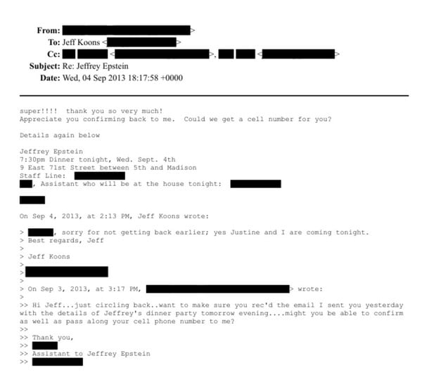 Ο Jeff Koons παρευρέθηκε σε δείπνο στο σπίτι του Τζέφρι Έπσταϊν 