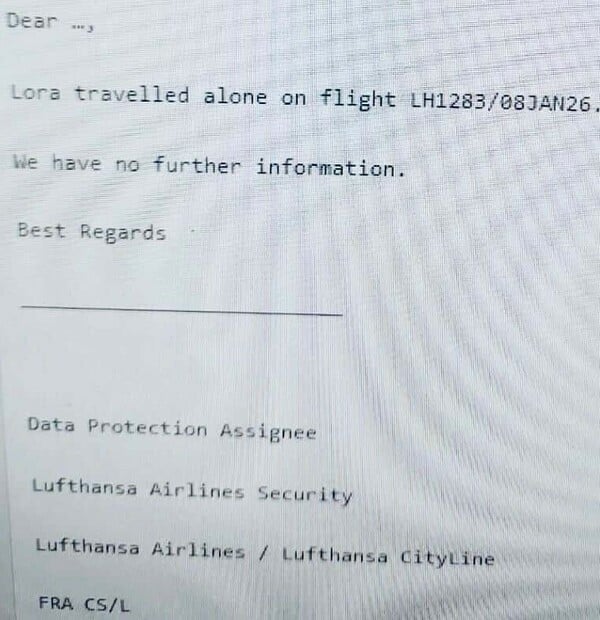 Εξαφάνιση Λόρα: Το email της αεροπορικής που επιβεβαιώνει την πτήση της προς Φρανκφούρτη