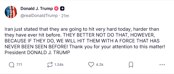 «Μην κλιμακώσετε» προειδοποιεί ο Τραμπ - «Πρέπει να πληρώσετε το τίμημα» απαντά το Ιράν