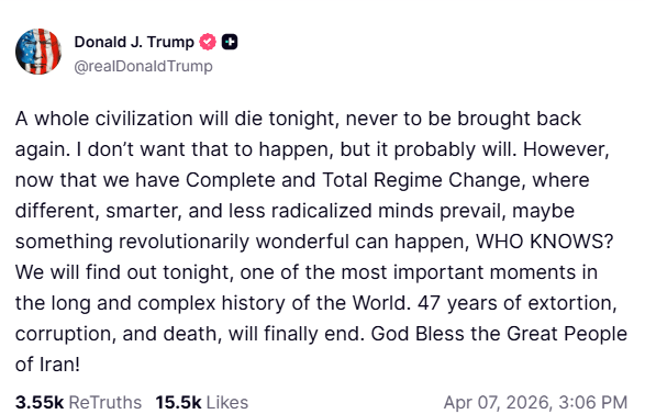 Τραμπ: «Ένας ολόκληρος πολιτισμός θα χαθεί απόψε»