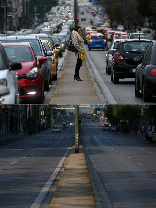 «Απόκοσμη πόλη»: Φωτογραφίες από την Αθήνα πριν και μετά το lockdown