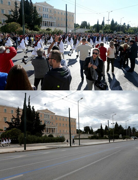 «Απόκοσμη πόλη»: Φωτογραφίες από την Αθήνα πριν και μετά το lockdown