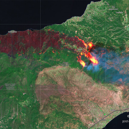 Ο ευρωπαϊκός δορυφόρος Sentinel-2 φωτογράφισε τη μεγάλη πυρκαγιά στην Κορινθία