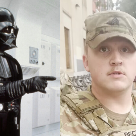 Star Wars στους δρόμους της Ουάσινγκτον: Διαδηλωτής ακολουθεί στρατιώτες με το θέμα του Νταρθ Βέιντερ