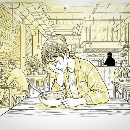 Κλαίγοντας πάνω από μια συσκευασία cottage cheese