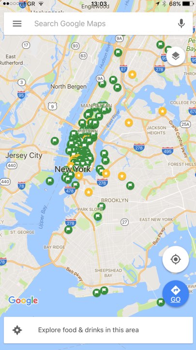 Κάπως έτσι δείχνουν οι Google maps μου τη Νέα Υόρκη, με τα δεκάδες αποθηκευμένα σημεία