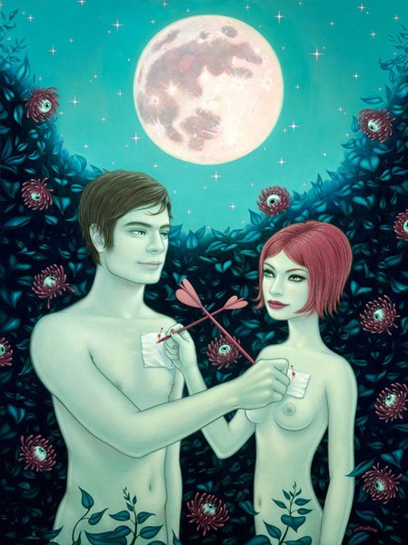 Tara McPherson The bunny in the moon, oil on linen, stretched over panel 40x30, 2010
