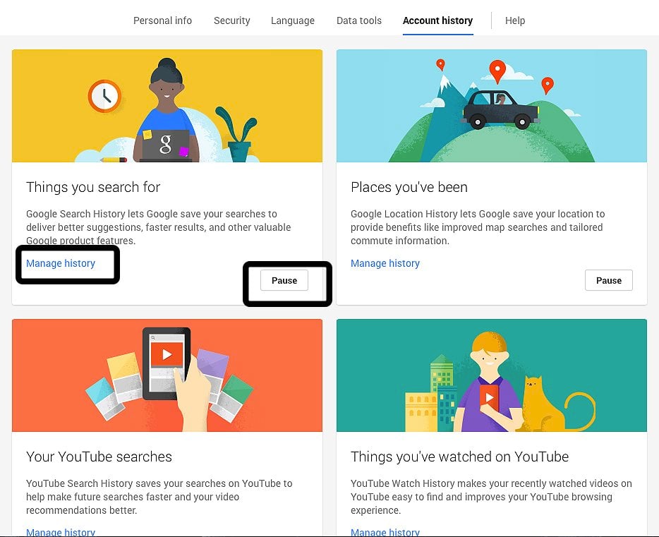 Πατώντας "pause" ή "manage" αποκτάτε τον έλεγχο των στοιχείων που καταγράφει η Google για εσάς
